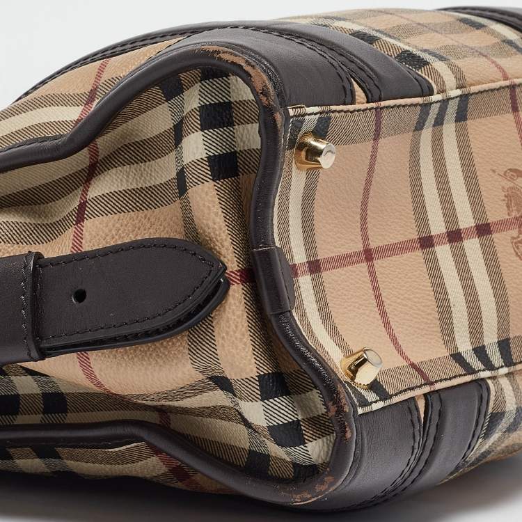 Pre Owned Burberry Choco Brown/Beige Haymarket Check Coated Canvas and Leather Minford Satchel