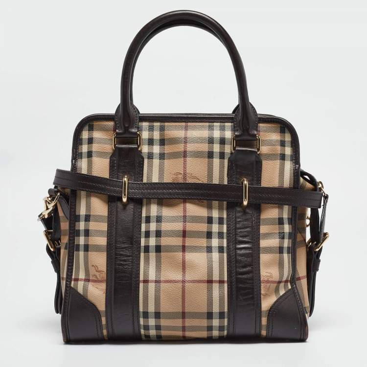 Pre Owned Burberry Choco Brown/Beige Haymarket Check Coated Canvas and Leather Minford Satchel