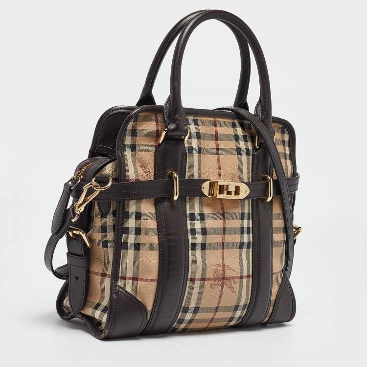 Pre Owned Burberry Choco Brown/Beige Haymarket Check Coated Canvas and Leather Minford Satchel
