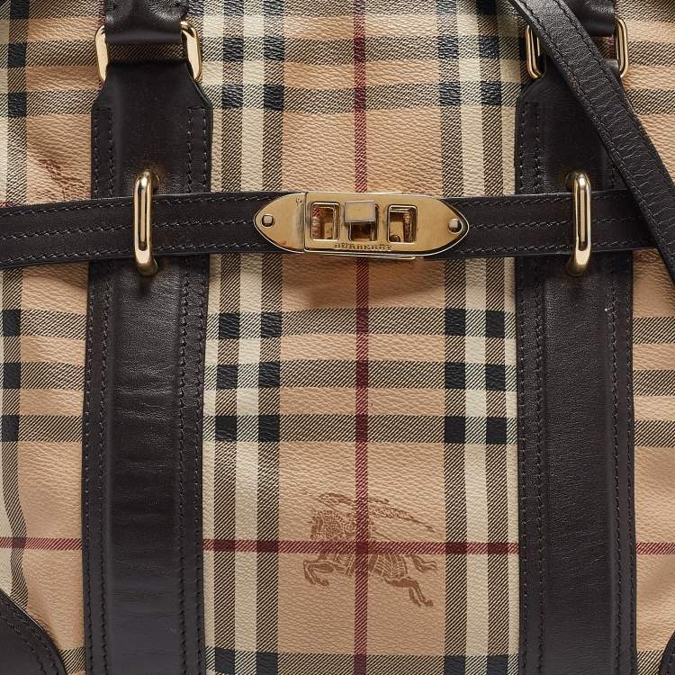 Pre Owned Burberry Choco Brown/Beige Haymarket Check Coated Canvas and Leather Minford Satchel
