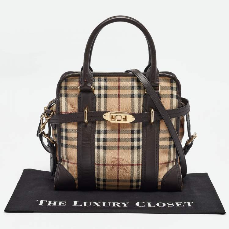 Pre Owned Burberry Choco Brown/Beige Haymarket Check Coated Canvas and Leather Minford Satchel