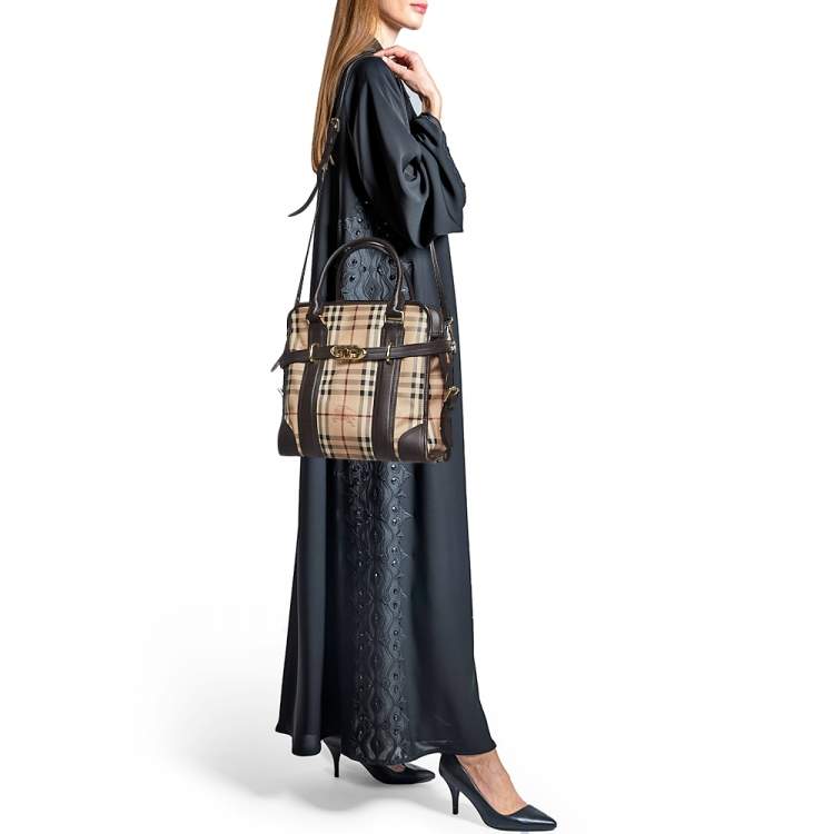 Pre Owned Burberry Choco Brown/Beige Haymarket Check Coated Canvas and Leather Minford Satchel