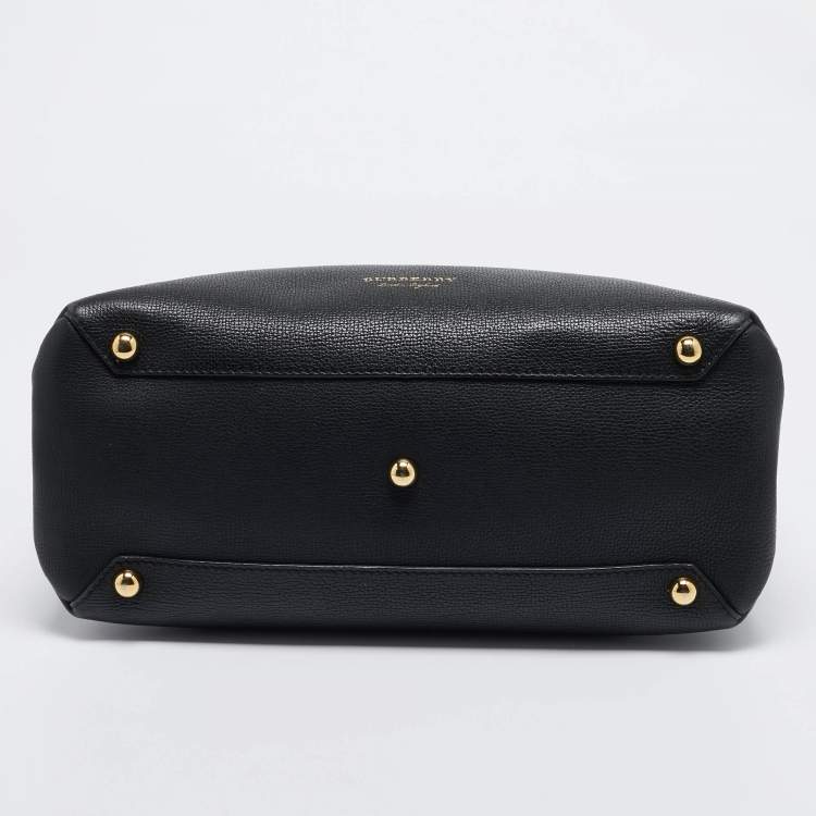 Pre Owned Burberry Black/Beige Leather and House Check Fabric Medium Banner Tote