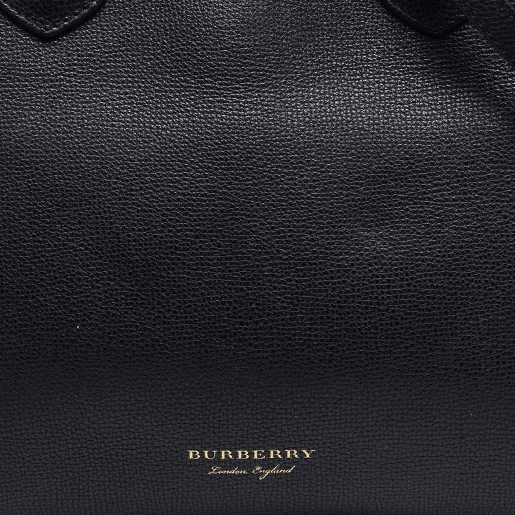 Pre Owned Burberry Black/Beige Leather and House Check Fabric Medium Banner Tote