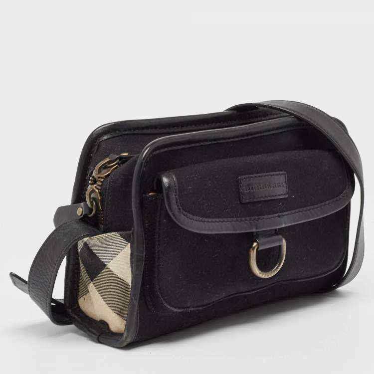 Pre Owned Burberry Black Leather and Check Canvas Front Pocket Crossbody Bag