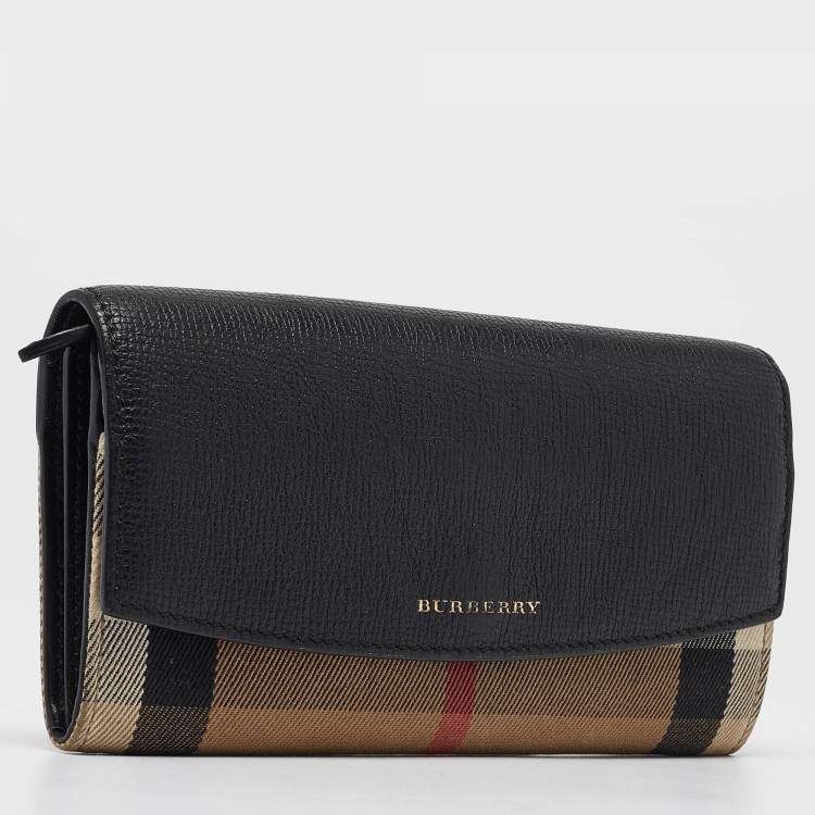Pre Owned Burberry Black/Beige House Check Canvas and Leather Flap Continental Wallet
