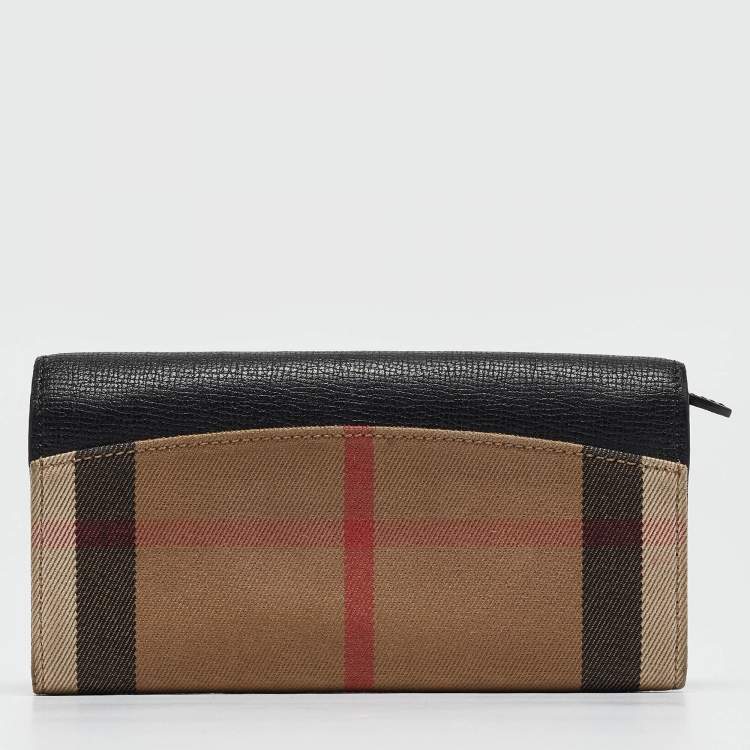 Pre Owned Burberry Black/Beige House Check Canvas and Leather Flap Continental Wallet