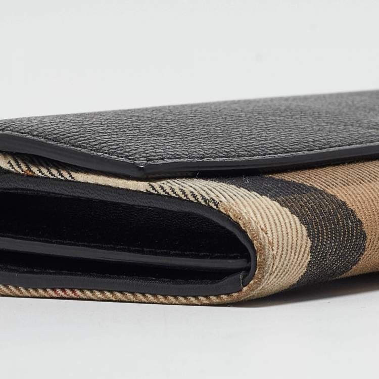Pre Owned Burberry Black/Beige House Check Canvas and Leather Flap Continental Wallet