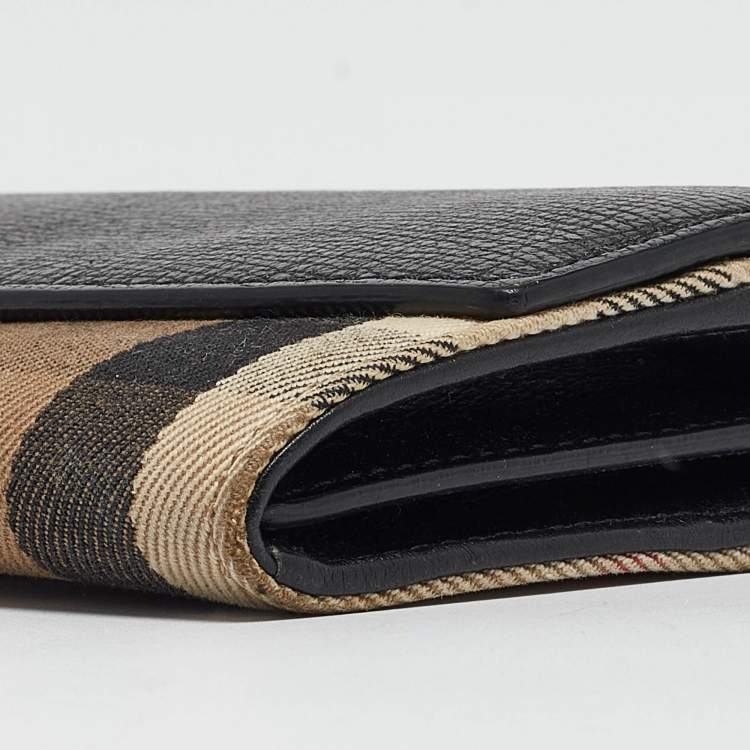 Pre Owned Burberry Black/Beige House Check Canvas and Leather Flap Continental Wallet