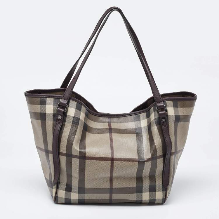 Pre Owned Burberry Smoked Check Coated Canvas and Leather Small Canterbury Tote