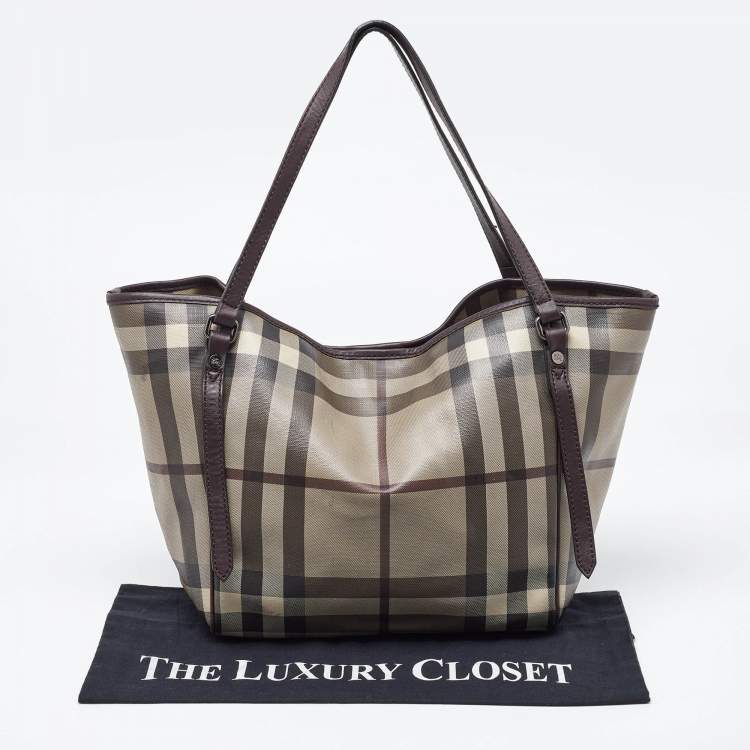 Pre Owned Burberry Smoked Check Coated Canvas and Leather Small Canterbury Tote