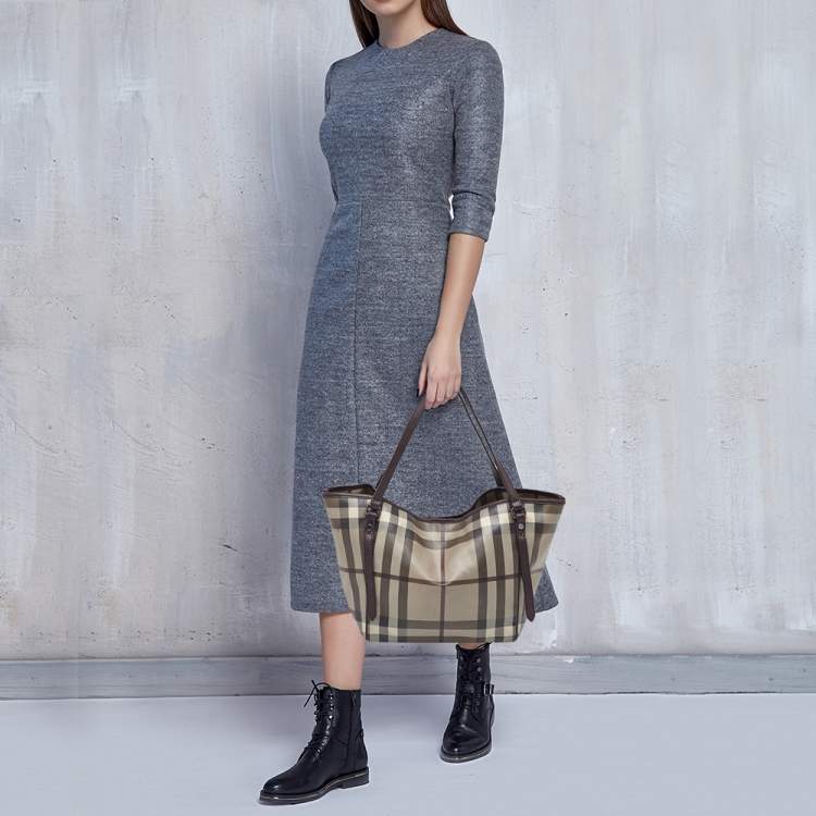 Pre Owned Burberry Smoked Check Coated Canvas and Leather Small Canterbury Tote