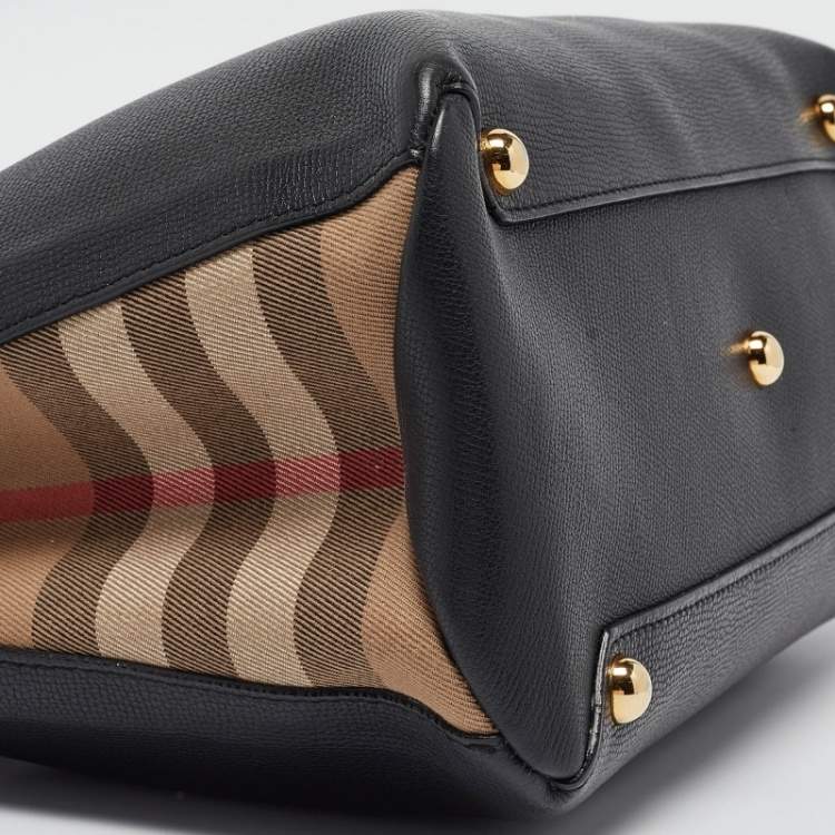 Pre Owned Burberry Black/Beige Leather and House Check Fabric Medium Banner Tote