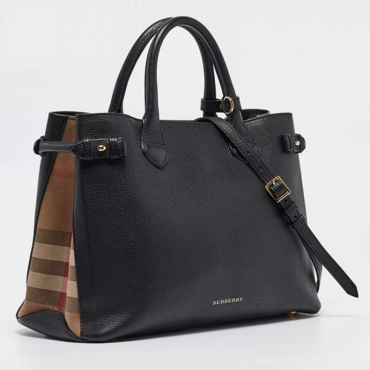 Pre Owned Burberry Black/Beige Leather and House Check Fabric Medium Banner Tote