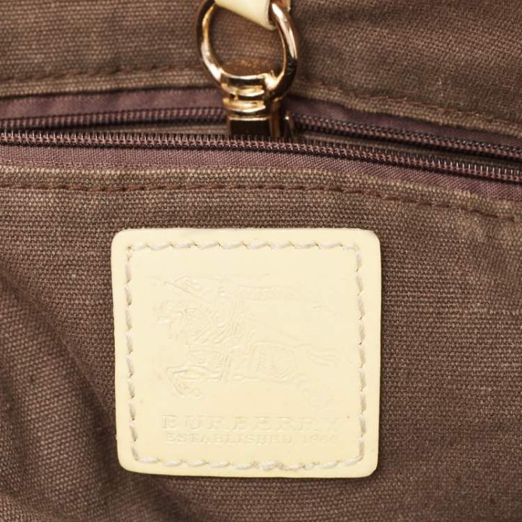 Pre Owned Burberry Light Yellow/Beige Haymarket PVC and Patent Leather Open Tote