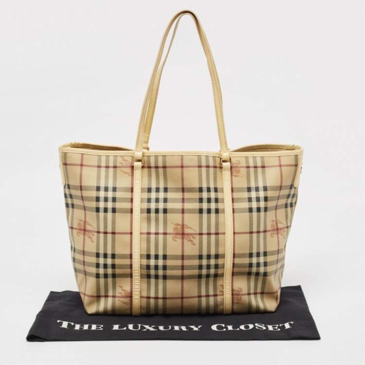Pre Owned Burberry Light Yellow/Beige Haymarket PVC and Patent Leather Open Tote