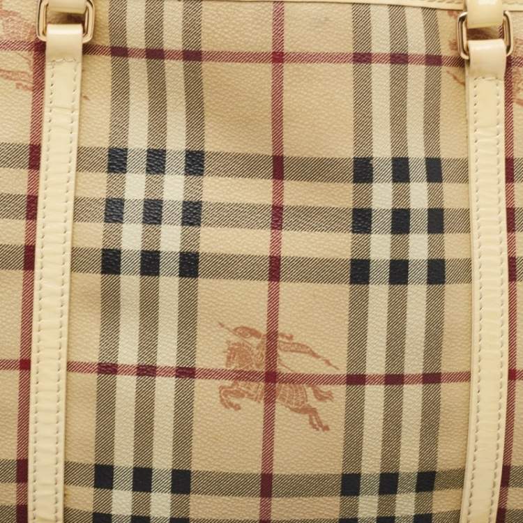 Pre Owned Burberry Light Yellow/Beige Haymarket PVC and Patent Leather Open Tote