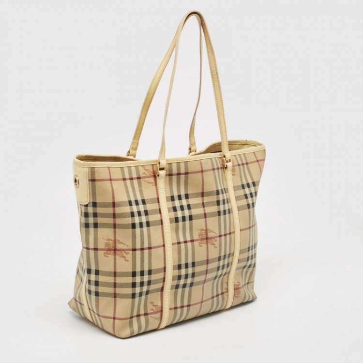 Pre Owned Burberry Light Yellow/Beige Haymarket PVC and Patent Leather Open Tote