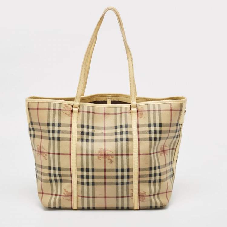 Pre Owned Burberry Light Yellow/Beige Haymarket PVC and Patent Leather Open Tote