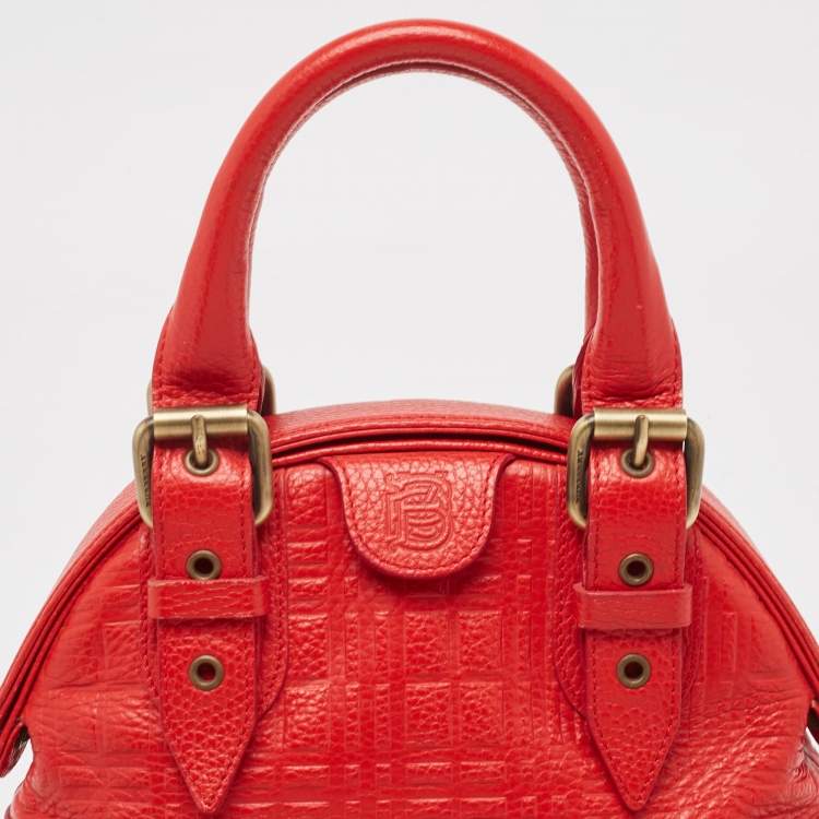 Pre Owned Burberry Red Check Embossed Leather Frame Satchel
