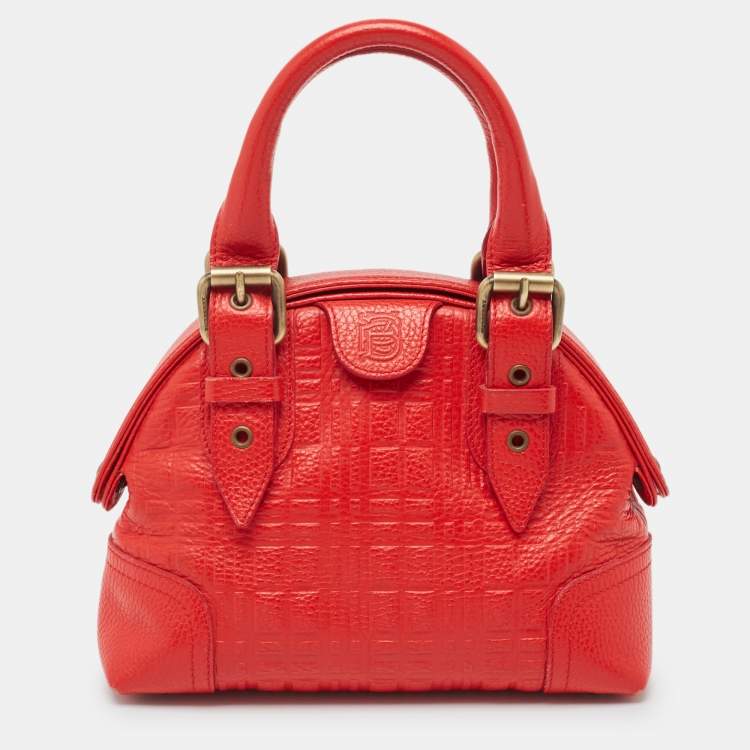 Pre Owned Burberry Red Check Embossed Leather Frame Satchel