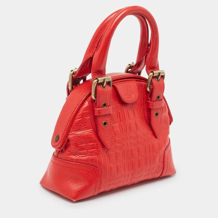 Pre Owned Burberry Red Check Embossed Leather Frame Satchel