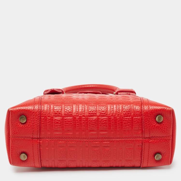 Pre Owned Burberry Red Check Embossed Leather Frame Satchel