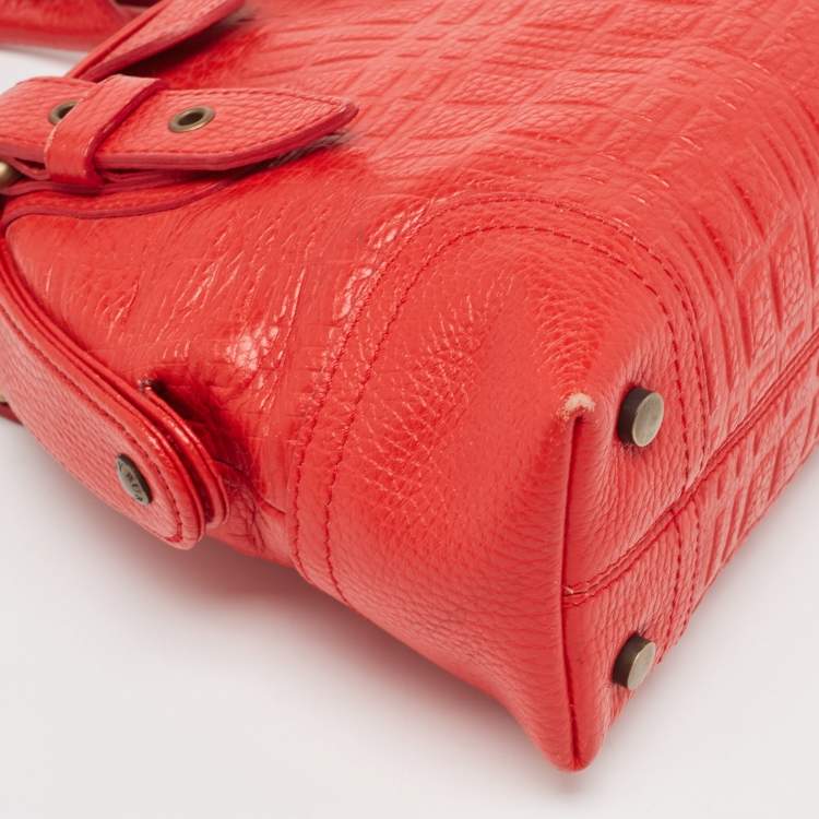 Pre Owned Burberry Red Check Embossed Leather Frame Satchel