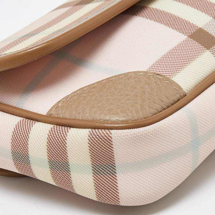 Pre Owned Burberry Pink/Beige House Check PVC and Leather Buckle Flap Wristlet Clutch