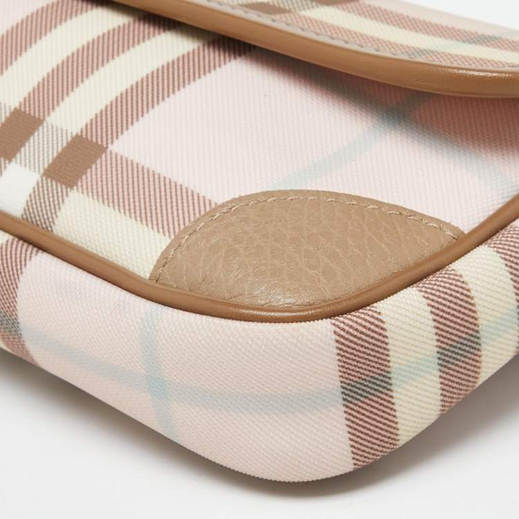 Pre Owned Burberry Pink/Beige House Check PVC and Leather Buckle Flap Wristlet Clutch