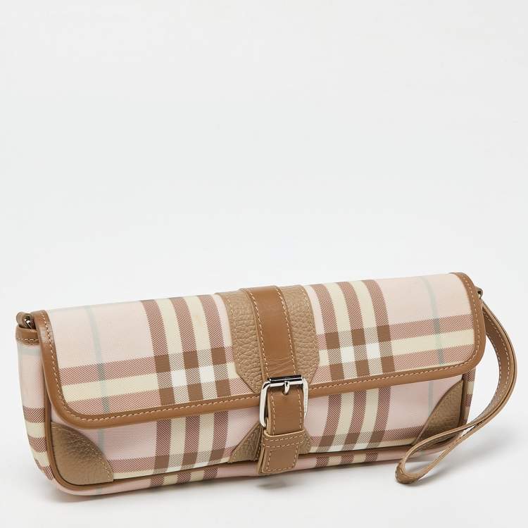 Pre Owned Burberry Pink/Beige House Check PVC and Leather Buckle Flap Wristlet Clutch
