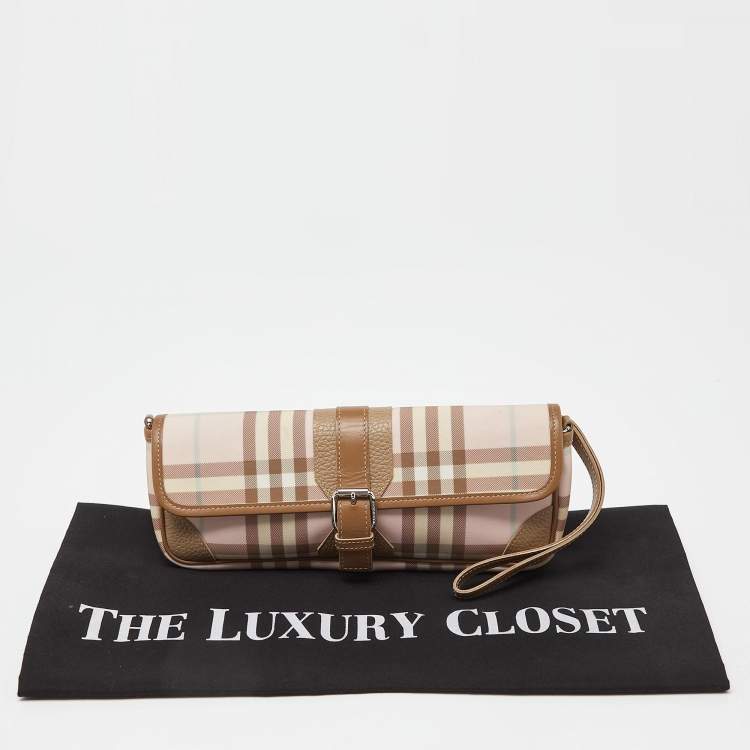 Pre Owned Burberry Pink/Beige House Check PVC and Leather Buckle Flap Wristlet Clutch