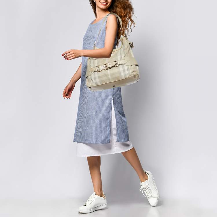 Pre Owned Burberry Beige House Check Canvas and Leather Large Parsons Bag