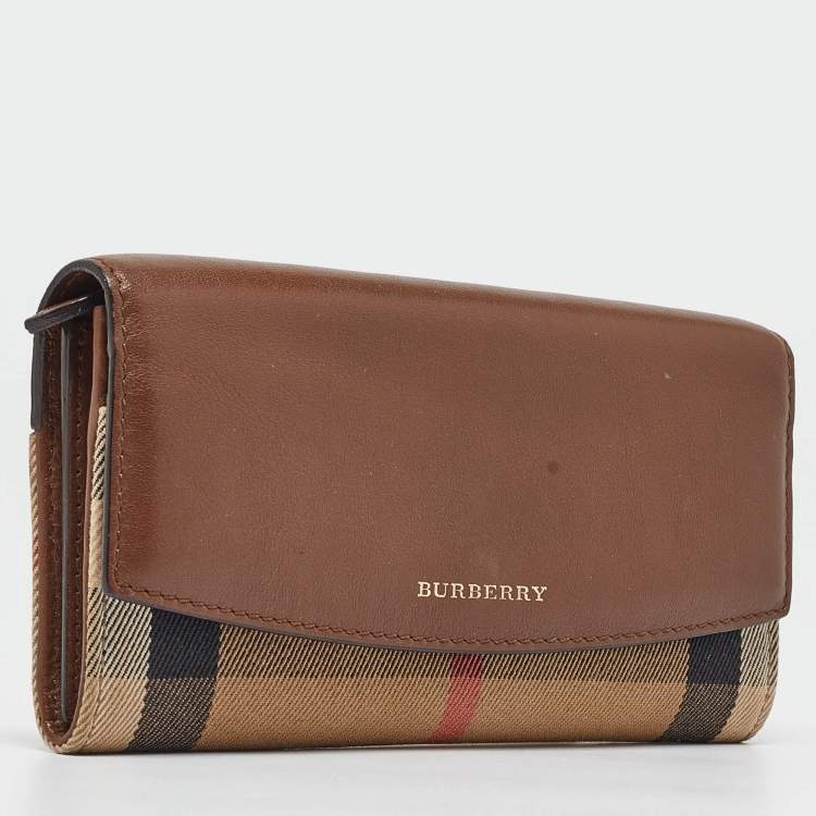 Pre Owned Burberry Brown/Beige House Check Canvas and Leather Flap Continental Wallet