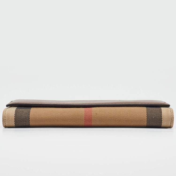 Pre Owned Burberry Brown/Beige House Check Canvas and Leather Flap Continental Wallet