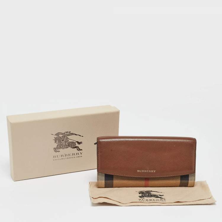 Pre Owned Burberry Brown/Beige House Check Canvas and Leather Flap Continental Wallet