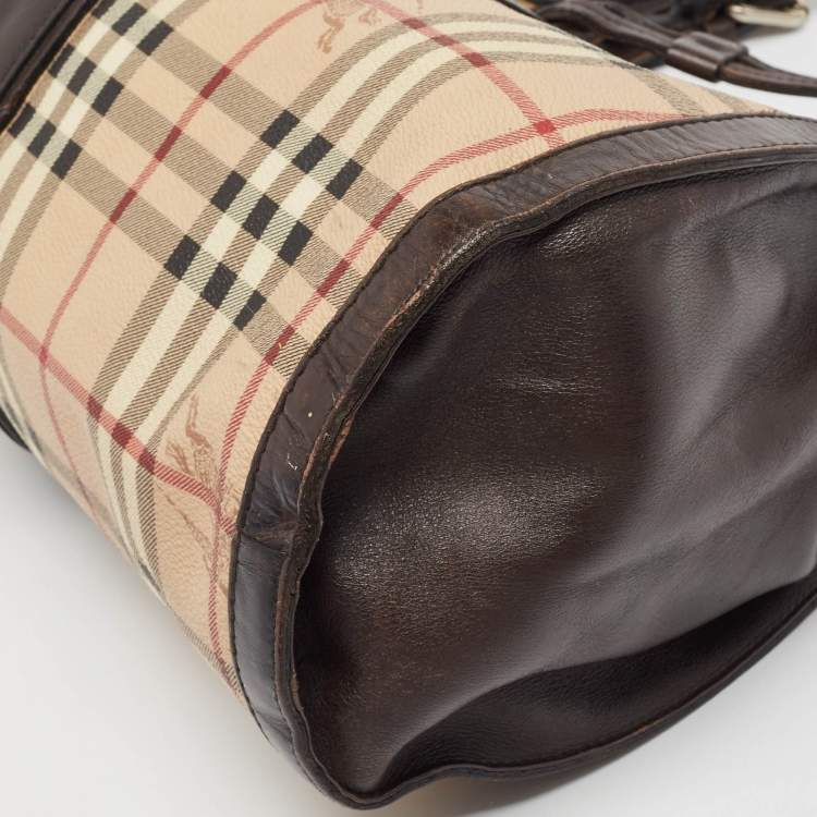 Pre Owned Burberry Brown/Beige Haymarket Check Coated Canvas Tassel Satchel