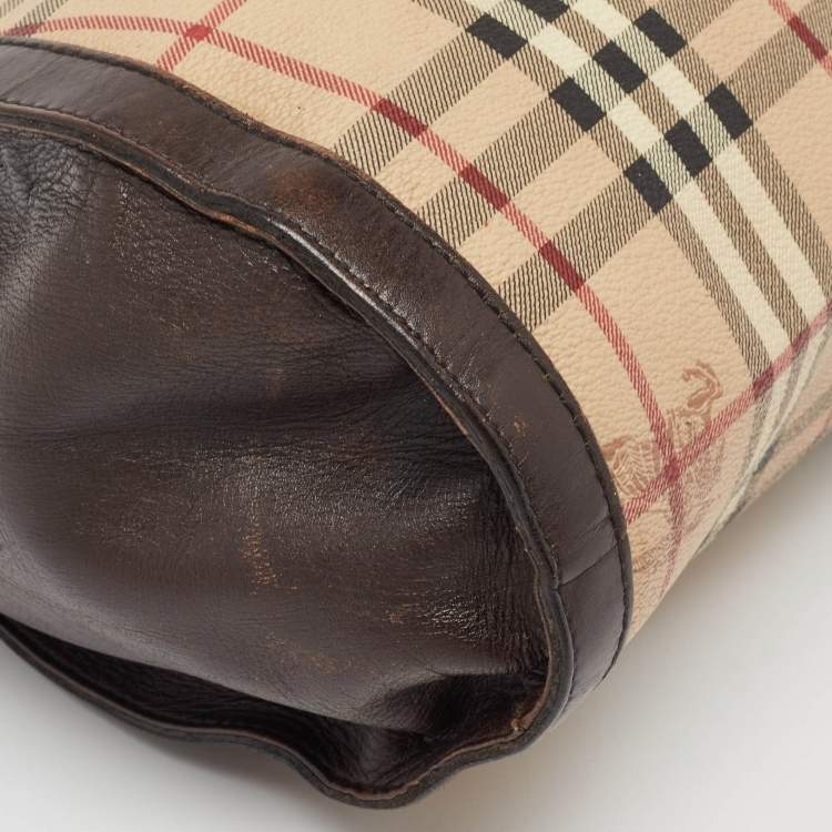 Pre Owned Burberry Brown/Beige Haymarket Check Coated Canvas Tassel Satchel