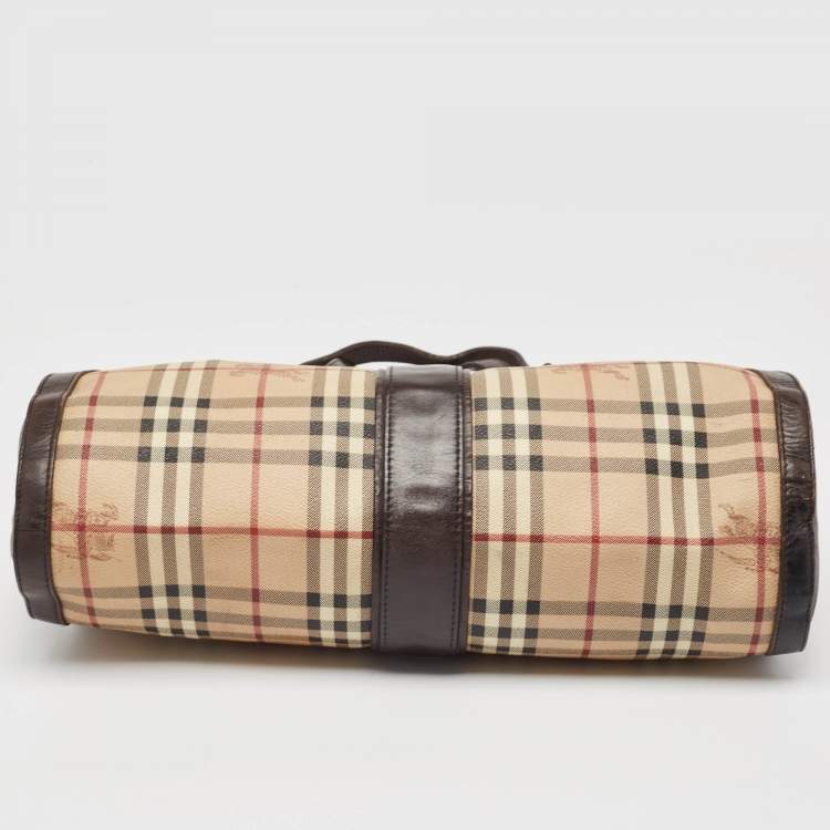 Pre Owned Burberry Brown/Beige Haymarket Check Coated Canvas Tassel Satchel