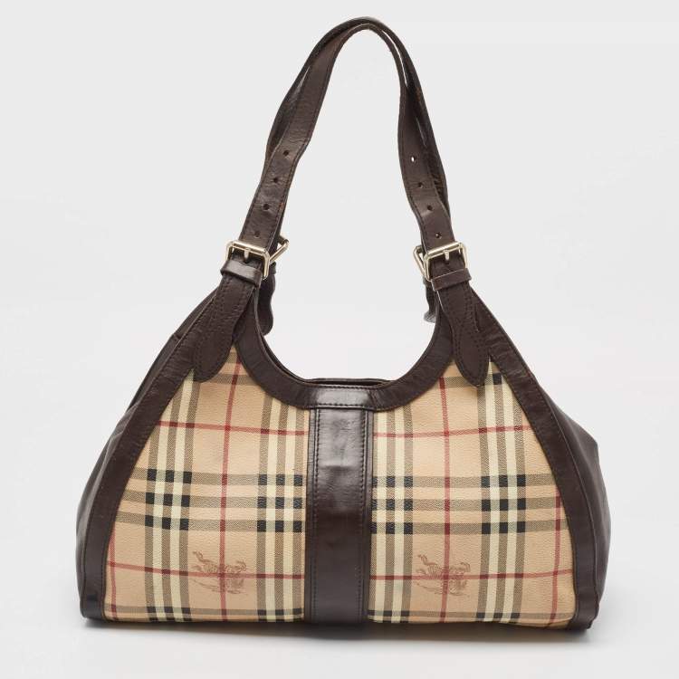 Pre Owned Burberry Brown/Beige Haymarket Check Coated Canvas Tassel Satchel