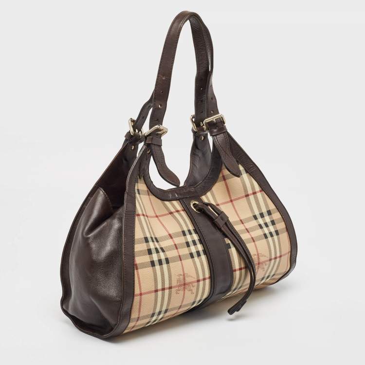 Pre Owned Burberry Brown/Beige Haymarket Check Coated Canvas Tassel Satchel
