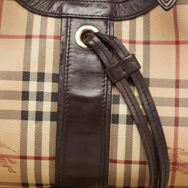 Pre Owned Burberry Brown/Beige Haymarket Check Coated Canvas Tassel Satchel