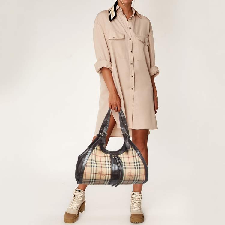 Pre Owned Burberry Brown/Beige Haymarket Check Coated Canvas Tassel Satchel