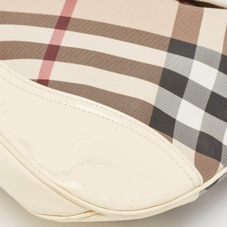 Pre Owned Burberry White/Beige Nova Check PVC and Patent Leather Brooke Hobo