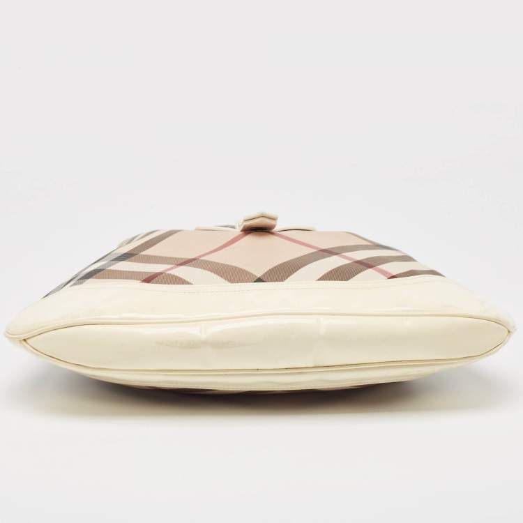 Pre Owned Burberry White/Beige Nova Check PVC and Patent Leather Brooke Hobo