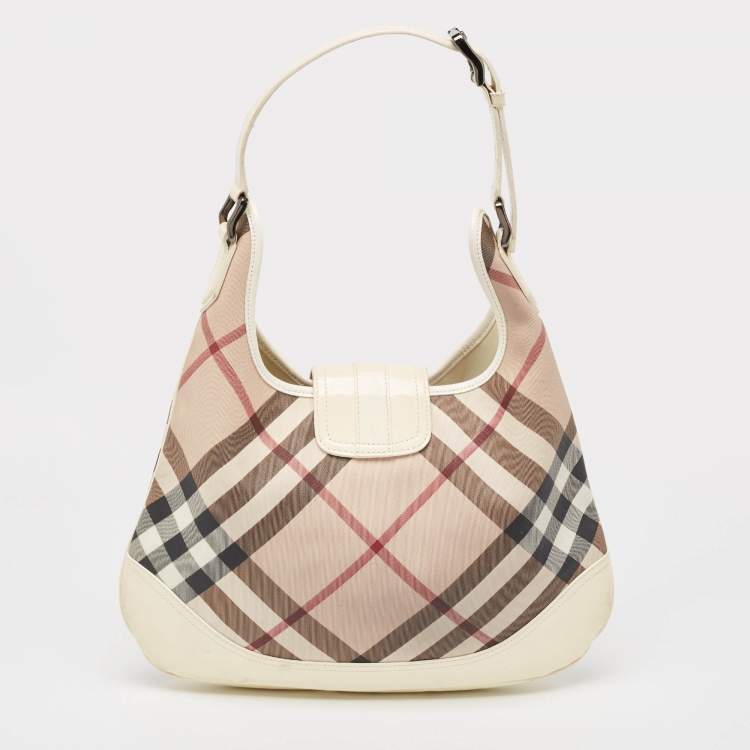 Pre Owned Burberry White/Beige Nova Check PVC and Patent Leather Brooke Hobo