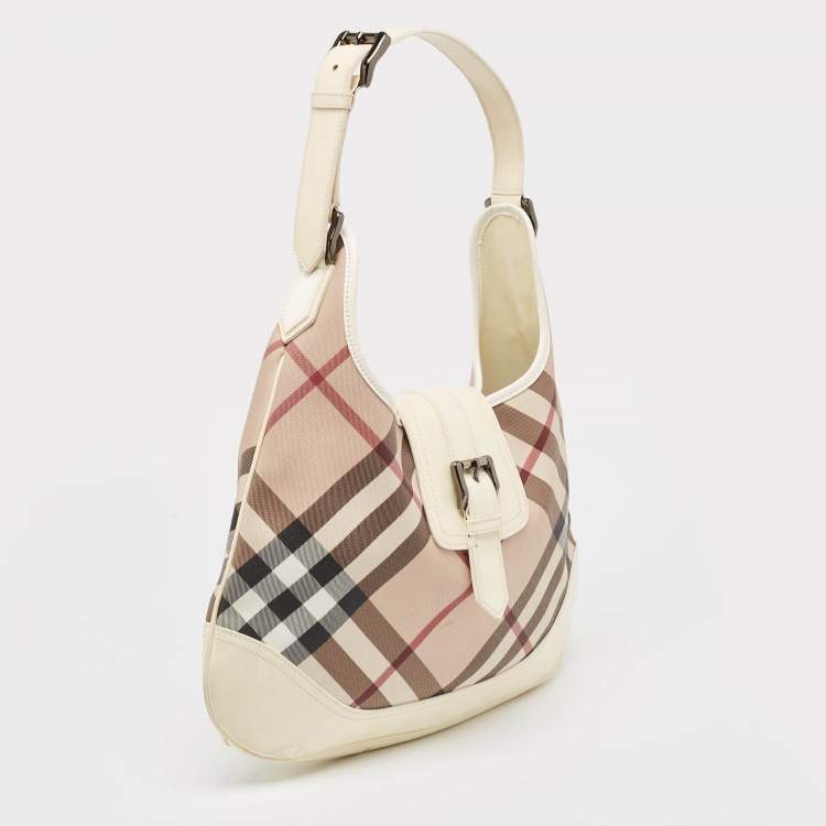 Pre Owned Burberry White/Beige Nova Check PVC and Patent Leather Brooke Hobo