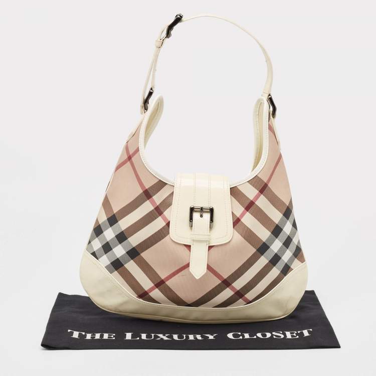 Pre Owned Burberry White/Beige Nova Check PVC and Patent Leather Brooke Hobo