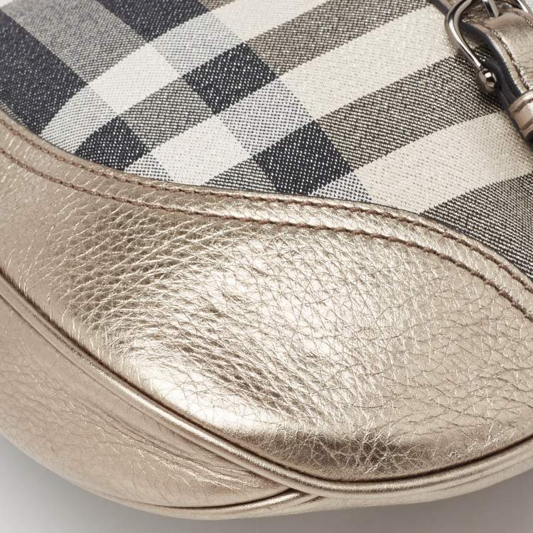 Pre Owned Burberry Grey Smoke Check Shimmer Fabric and Leather Brooke Hobo