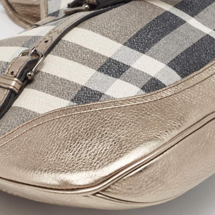Pre Owned Burberry Grey Smoke Check Shimmer Fabric and Leather Brooke Hobo